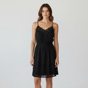 French Connection Spaghetti Crinkle Style Strap Lace Accents Black Midi Dress
